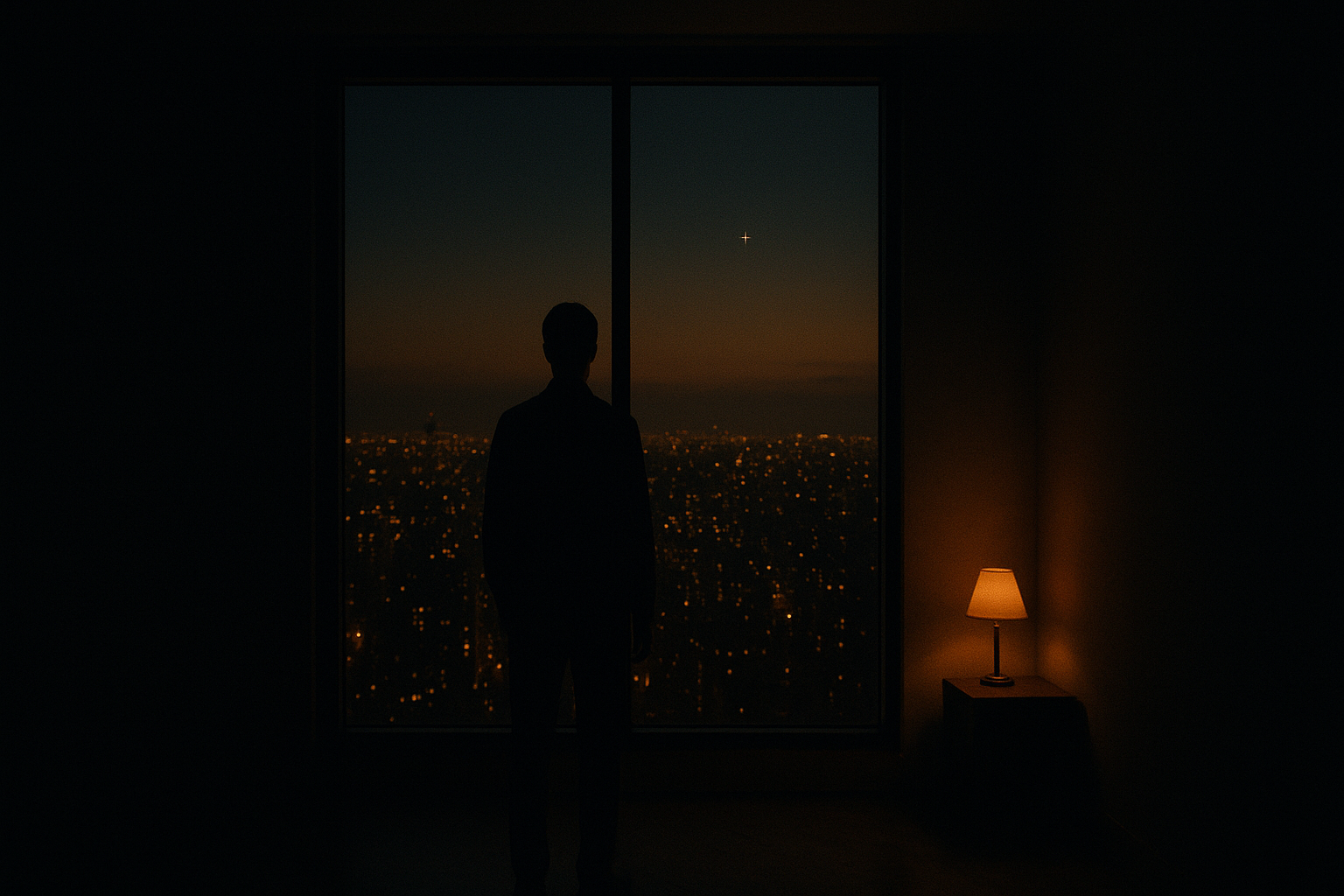 A person at a tall window looking out at a dusk skyline washed in gold light.