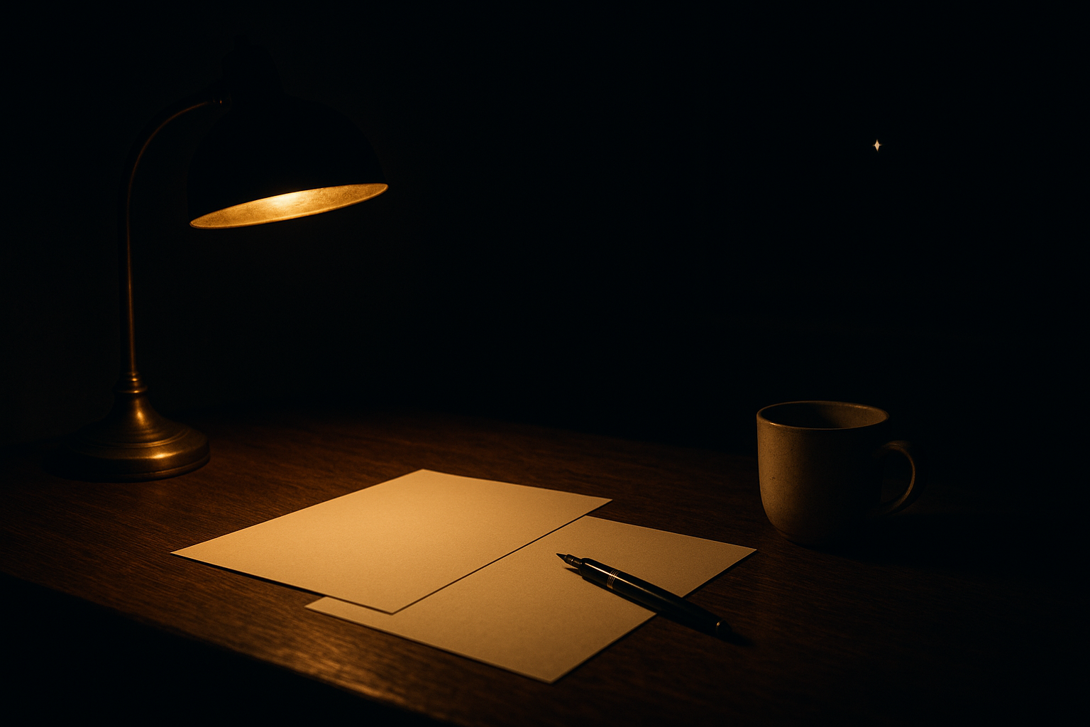 A writer's desk at night — a gold desk lamp over blank pages, one star in the window.