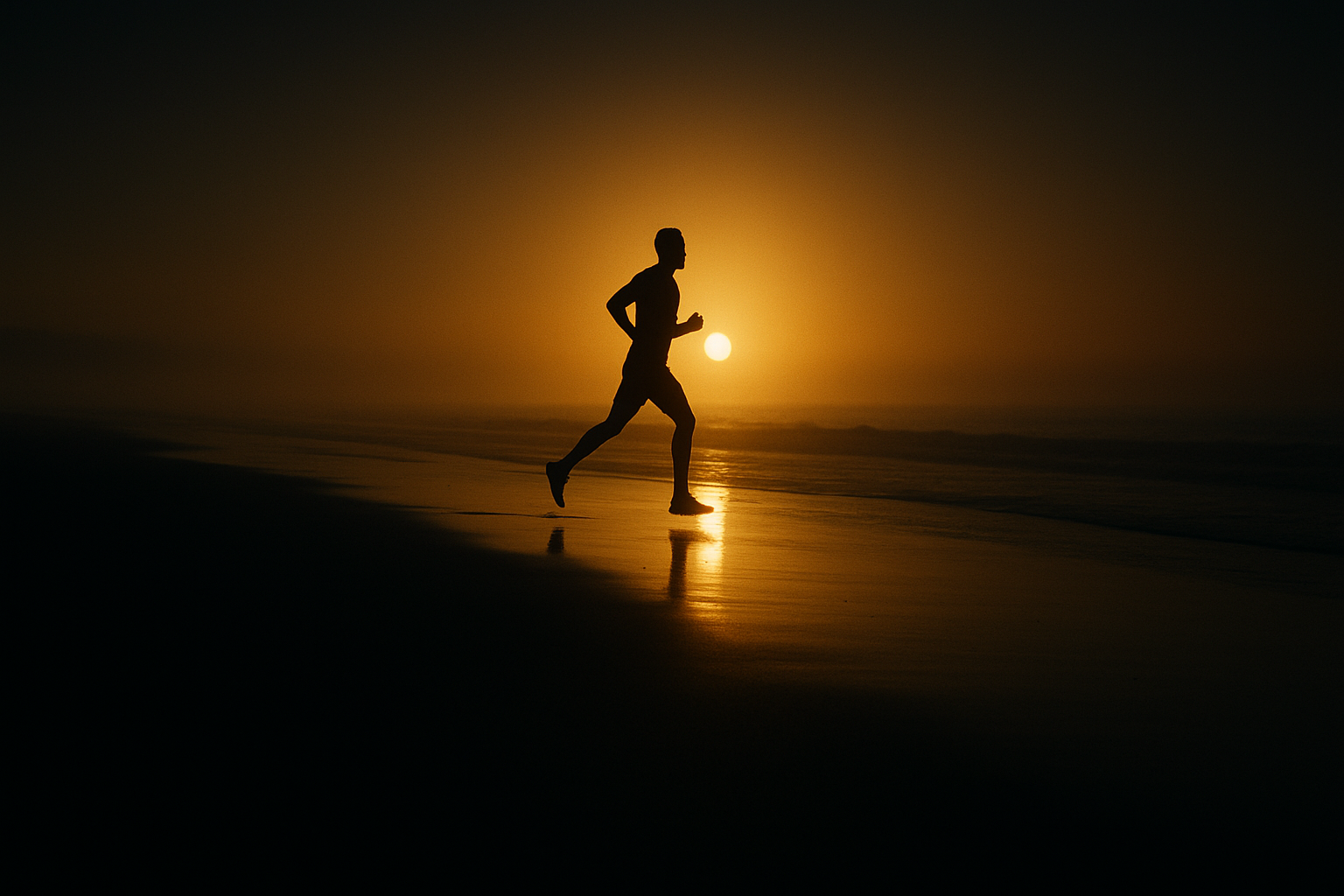 A lone runner at dawn, backlit by a gold sunrise.