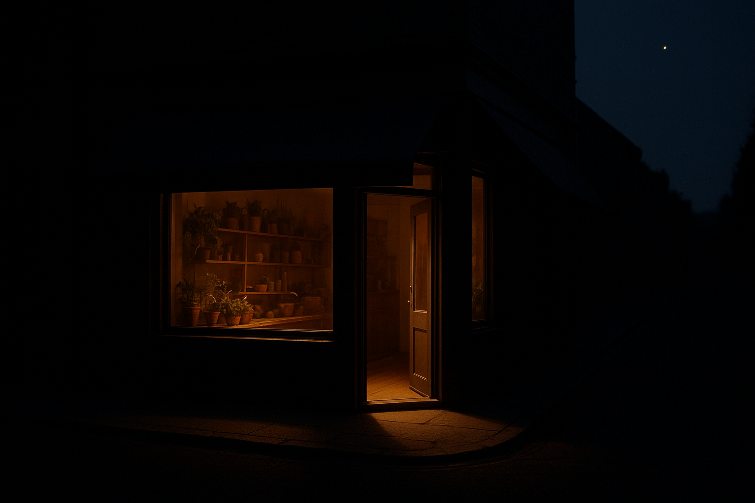 A small shopfront lighting up at dusk, gold glow spilling onto a dark street.